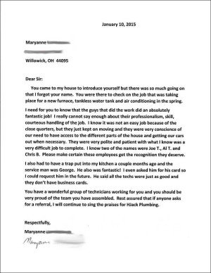 Thanks and Praise Received by H. Jack’s for a Job Well Done