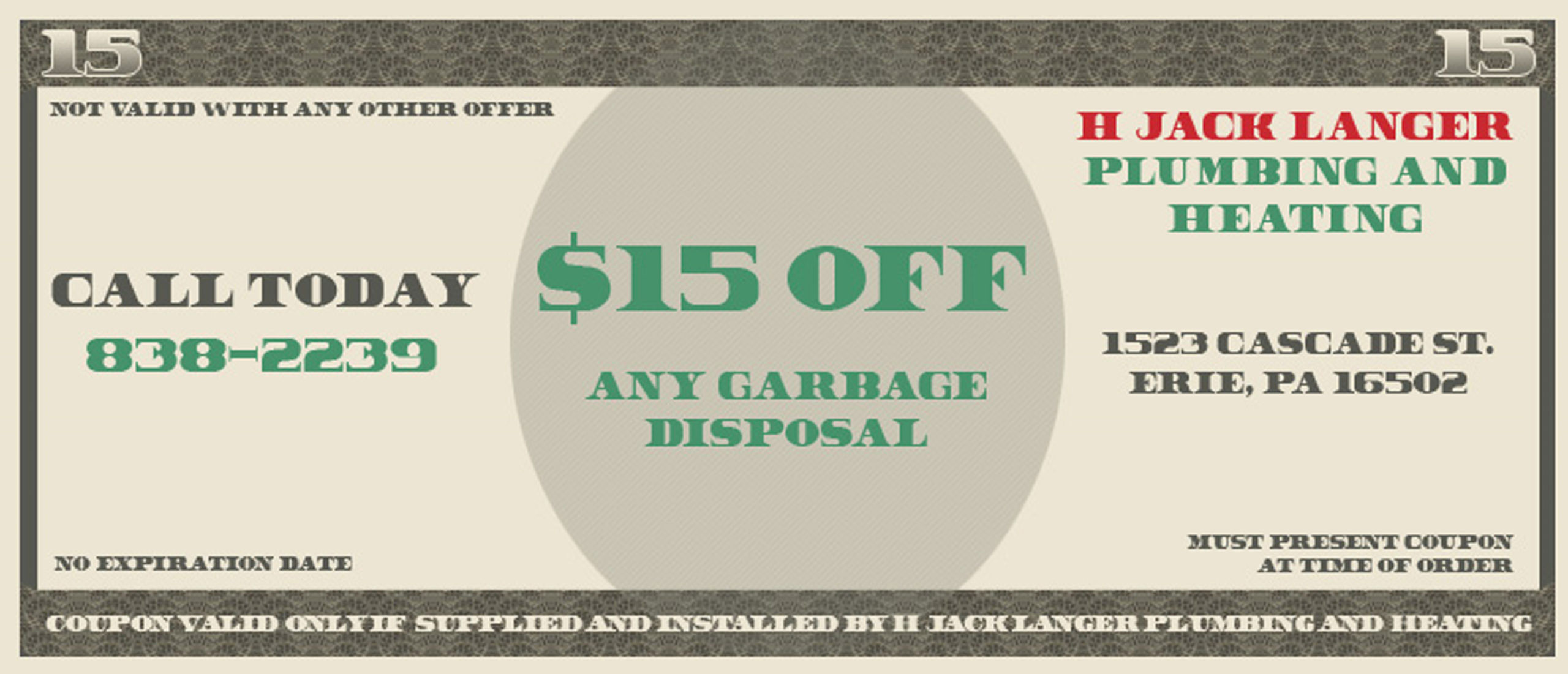 $15 Off Any Garbage Disposal Coupon