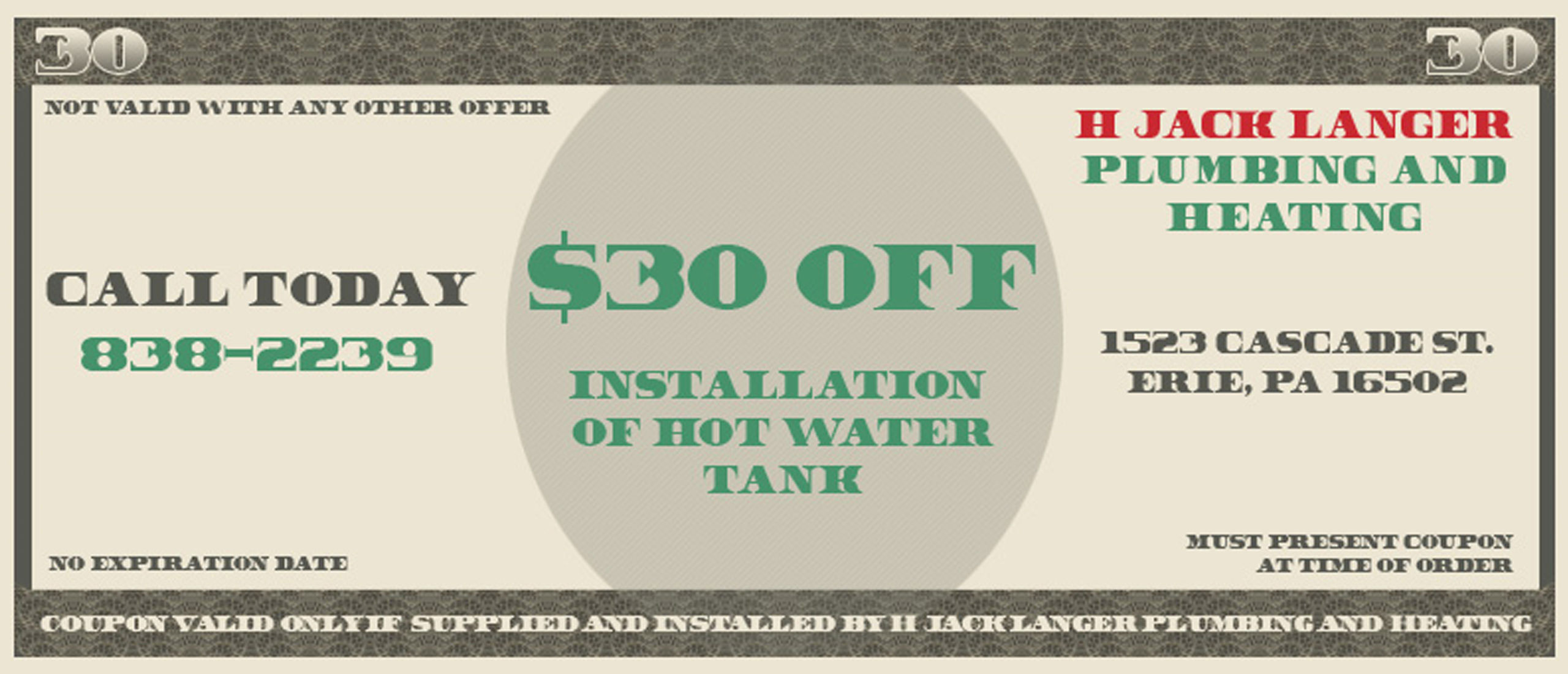$30 Off Hot Water Tank Installation