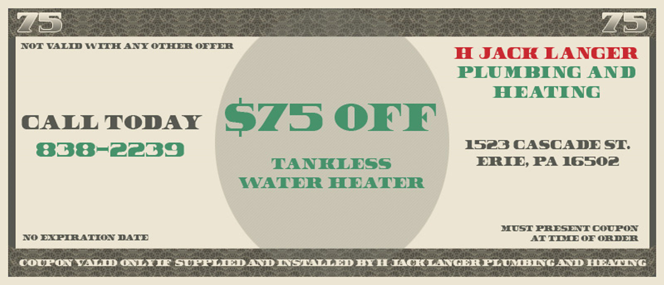 $75 Off Tankless Water Heater Coupon